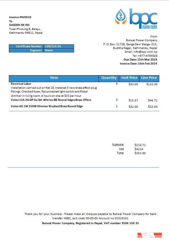 Nepal Butwal Power Company Limited electricity business utility bill template in Word and PDF formats